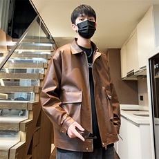 工装刺绣外套潮流情侣款机车皮衣男春季翻领夹克A266-PY007-P85，男装皮衣，电商A266