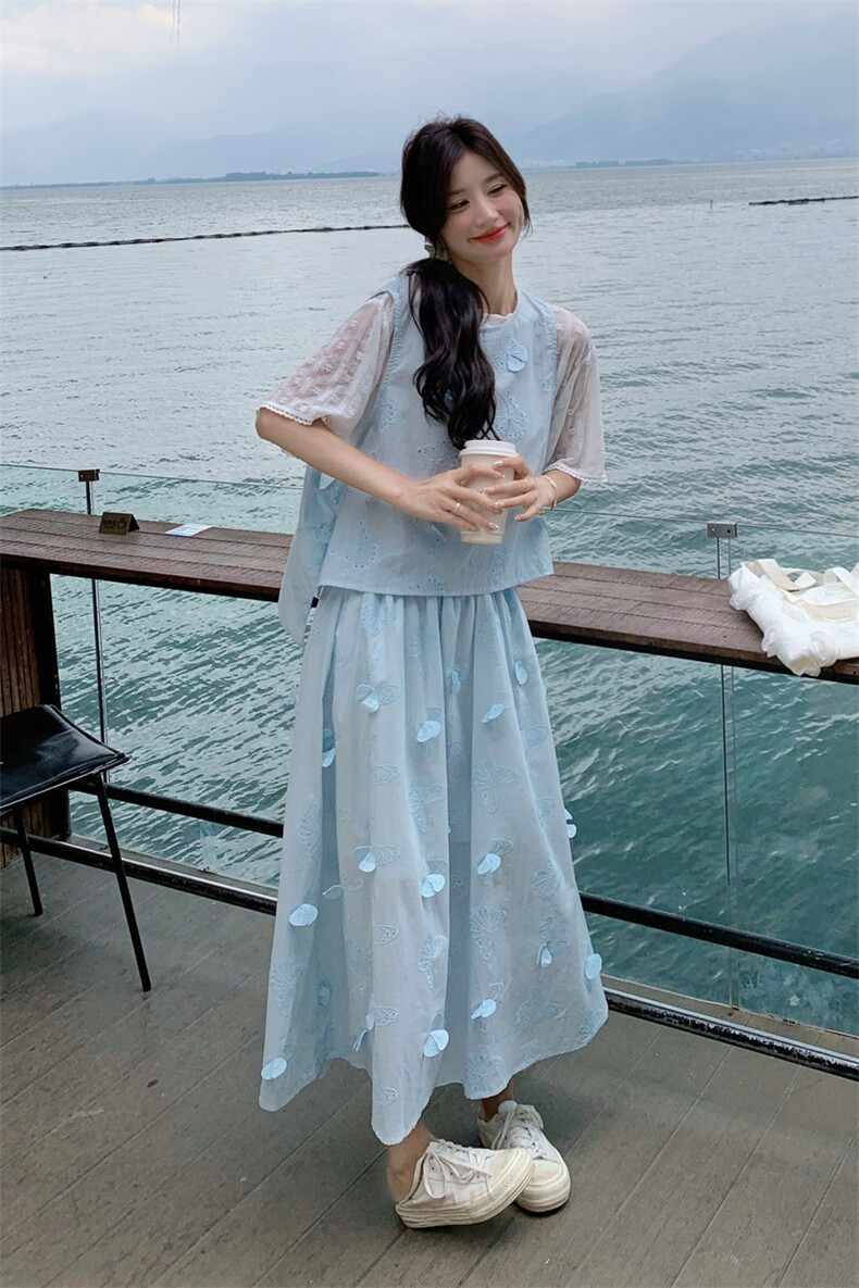 蕾丝短袖立体蝴蝶马甲半身裙三件套2591P195K288,女装套装/套裙,2C201