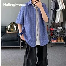 美式复古细格子短袖衬衫男女休闲宽松百搭cityboy蓝色衬衣CS44，男装T恤，星座1116A（原606A-3）