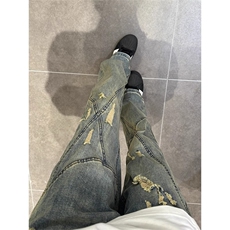 美式做旧磨破牛仔裤子男款夏季立体线条破洞微喇裤直筒裤XX5518，男装牛仔裤，星座208-5