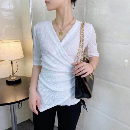 蕾丝衫T恤打底衫女短袖2021春夏V领交叉上衣不规则上衣女潮，女装蕾丝衫/雪纺衫，潮品会