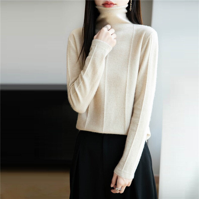 2025秋冬堆堆领100纯羊毛衫女纯色高龄毛衣内搭宽松针织打底衫新，女装羊毛衫，绒汀羊绒