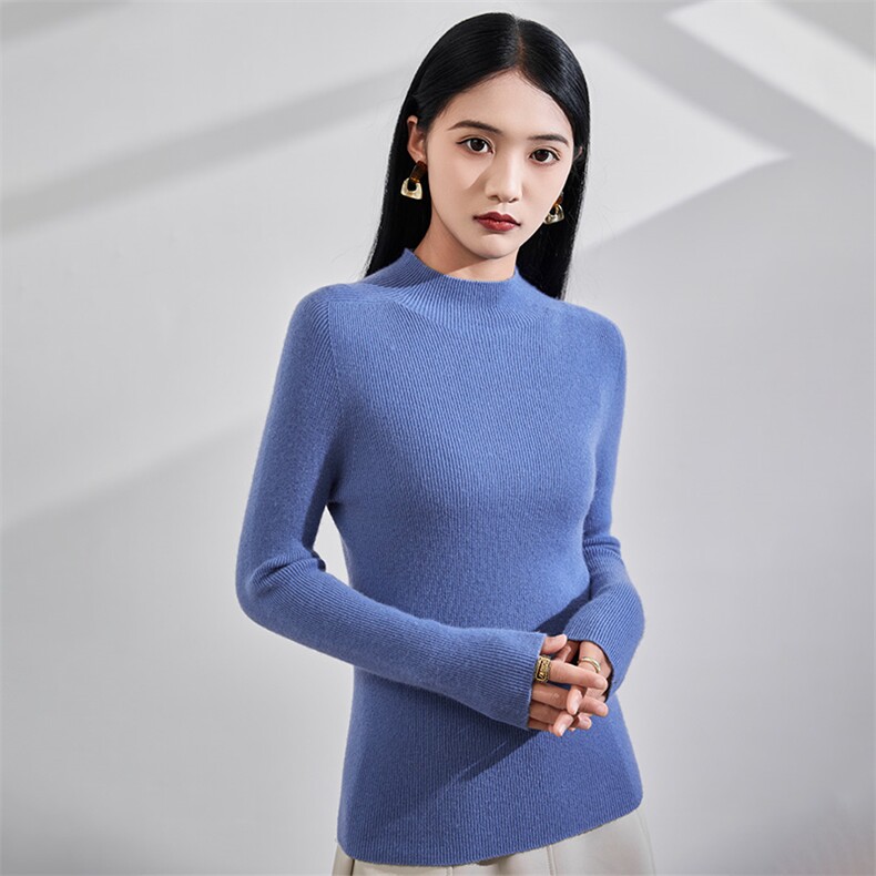 2024秋冬新款山女士抽条半高领,女装羊毛衫,润辉羊绒