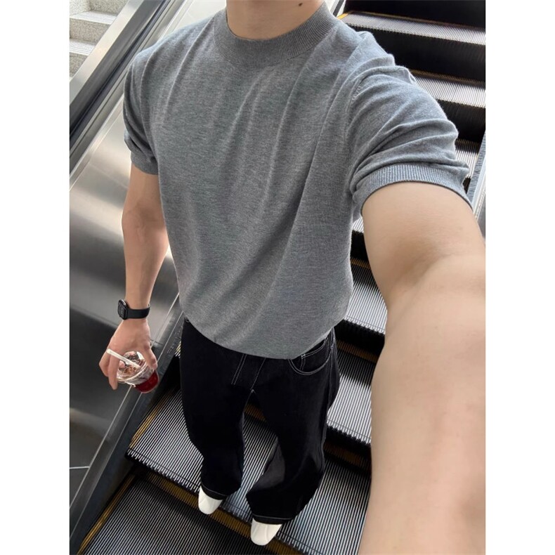美式复古灰色针织短袖男女夏季修身显肌肉正肩T恤cleanfit半截袖,男装T恤,星座601-1