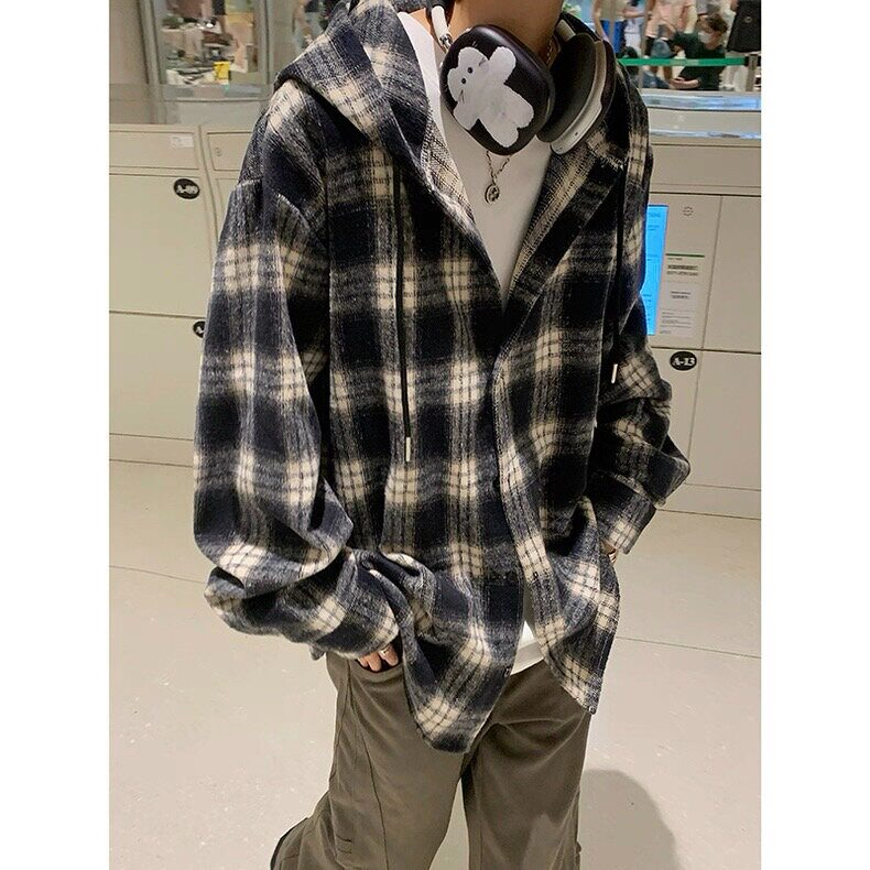 CS378-P38美式格子连帽衬衫男女2025春秋冬季复古慵懒风设计感,男装衬衫,电商B323A