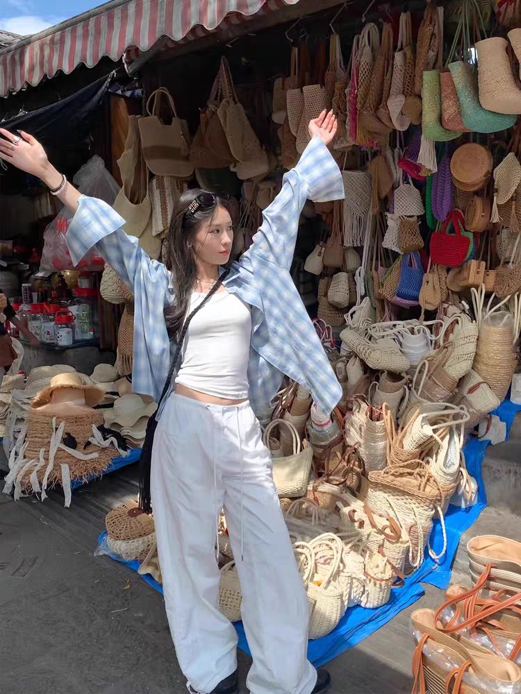 显白海盐特调格子设计感长袖防晒衬衫,女装衬衫,湘姗