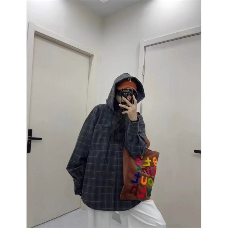 日系复古连帽夹克男女款秋季新款暗纹抗皱大格子宽松百搭潮流外套,男装夹克,四季星座505