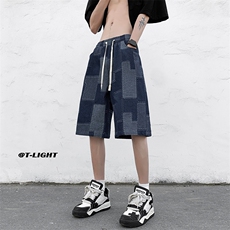 美式ins高街牛仔短裤小众百搭拼接渐变牛仔裤K2309-P45控68，男装牛仔裤，电商A062