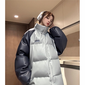 EQ346 PU皮棉衣撞色油墨印花冬季加厚面包服外套男女情侣装2024图片