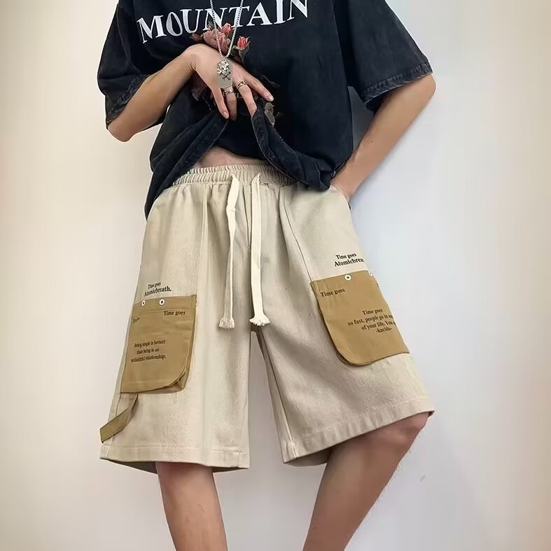 撞色口袋工装短裤男士夏季潮牌宽松直筒裤情侣百搭五分裤子,男装牛仔裤,星座410-7