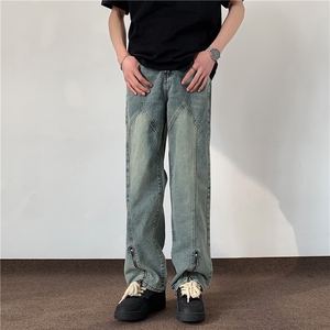 高街美式复古拼接牛仔裤男拉链显瘦垂感裤子S2388/P58图片