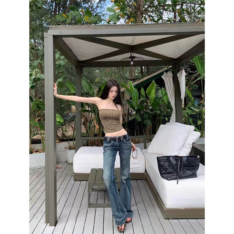 美式辣妹低腰紧身牛仔微喇裤女秋季做旧水洗拖地长裤,男装休闲裤,星座1210-1