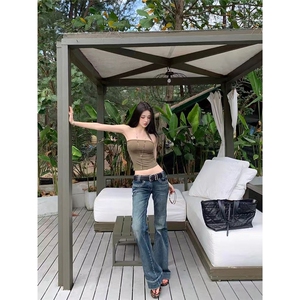 美式辣妹低腰紧身牛仔微喇裤女秋季做旧水洗拖地长裤图片