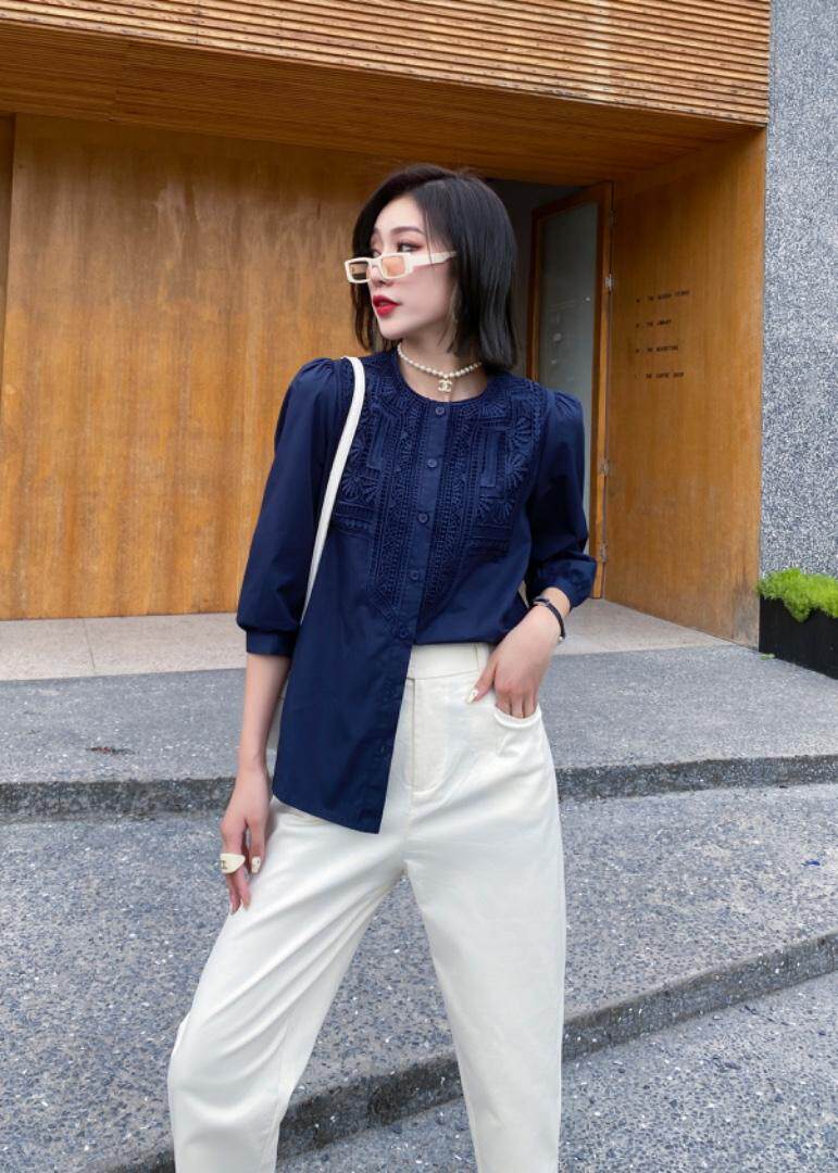 时尚拼接蕾丝花边衬衫，女装衬衫，她家