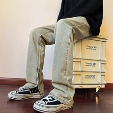 货足秋冬高街vibe修身长裤黄泥染拉链牛仔裤男K823-P55，男装牛仔裤，星座205