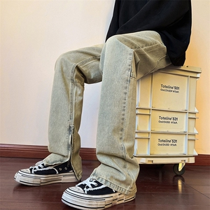 货足 秋冬高街vibe修身长裤黄泥染拉链牛仔裤男 K823-P55图片