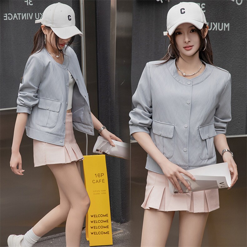 2025春秋季新款高级感质感长袖短款圆领pu皮衣夹克欧美时尚外套女，女装皮衣，潮流依族