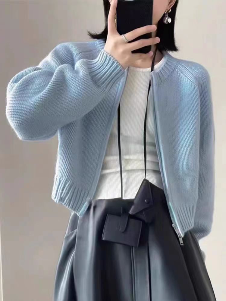 秋冬新款纯色圆领拉链开衫时尚百搭，女装针织衫/毛衣，冀清阳荣