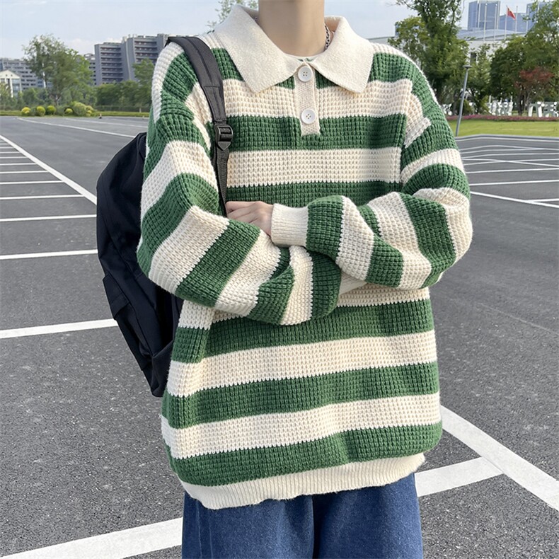 慵懒风条纹男毛衣POLO领针织衫港风线衣学院风打底衫M022-P55控78,男装T恤,星座1212