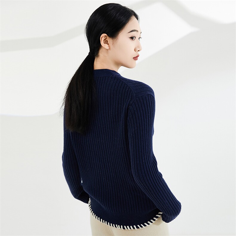 鄂家同款纯山山女宽松勾边v领抽条套头打底针织衫,女装羊毛衫,奢优羊绒