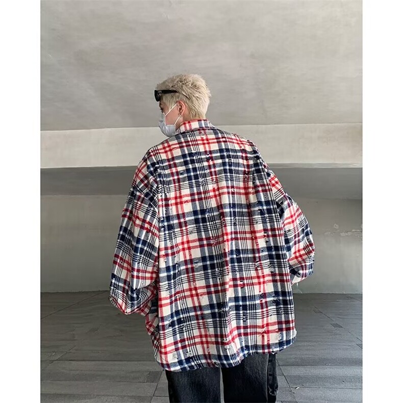 衬衫男士长袖韩版潮流格子拼色宽松2024秋冬新款ins外套CY992-P43,男装衬衫,星座412-2