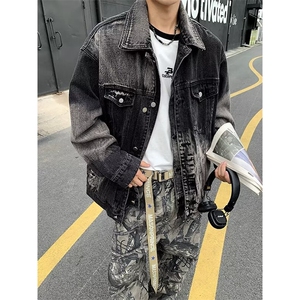 美式高街vibe扎染牛仔外套春秋款男破坏高级感情侣牛仔衣工装夹克,男士亮面羽绒服搭配图片