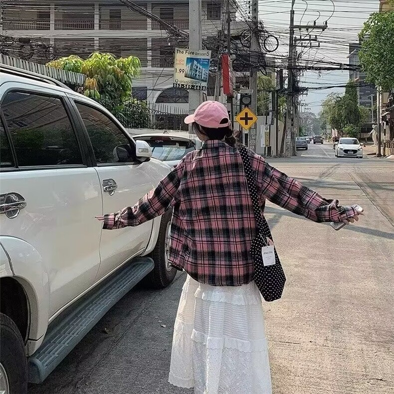 粉色甜酷撞色格子衬衫女春秋季宽松气质长袖上衣XCS59,男装衬衫,星座208-5