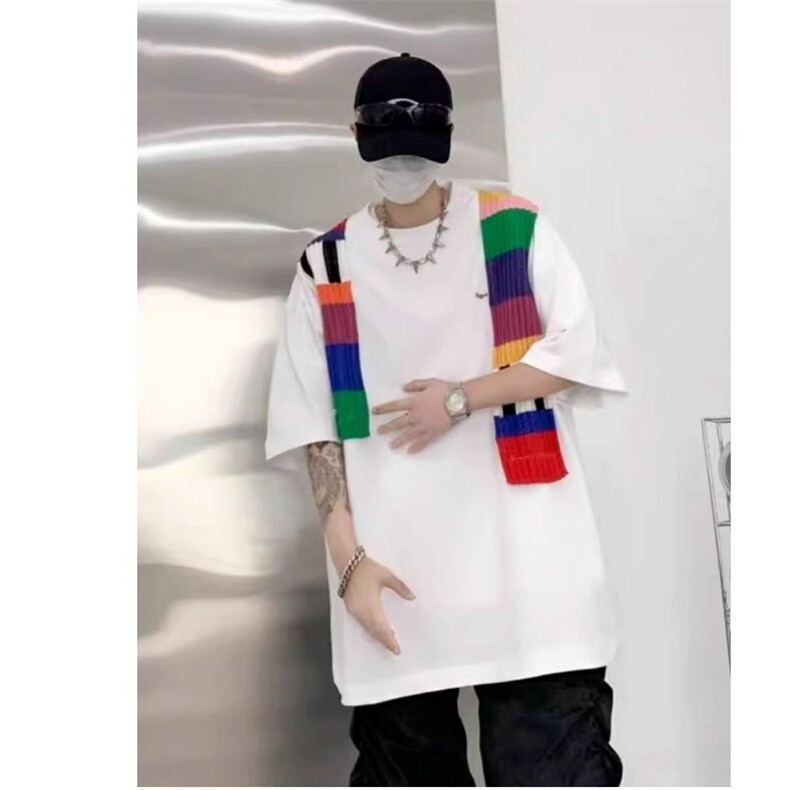 彩虹毛织左胸平绣T恤春夏季女男款时尚撞色拼接短袖设计情侣上衣,男装T恤,星座218-1（原230）