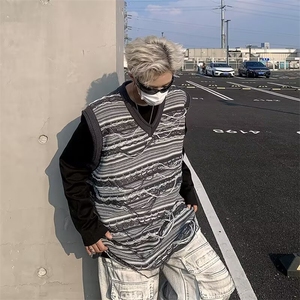 破坏感流苏宽松毛衣男女v领美式情侣马甲针织衫秋冬M5679/P48图片