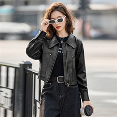 酷飒风翻领皮衣短外套女2025秋季新款小个子显瘦百搭机车夹克上衣，女装皮衣，臻衣坊