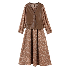 2023年秋季女时尚气质时髦皮马甲+连衣裙套装，女装套装/套裙，艾贝斯