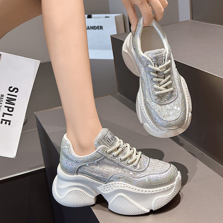 厚底老爹鞋女2024夏新款女鞋轻便增高水钻网面休闲鞋小个子运动鞋，女鞋休闲鞋，电商A223