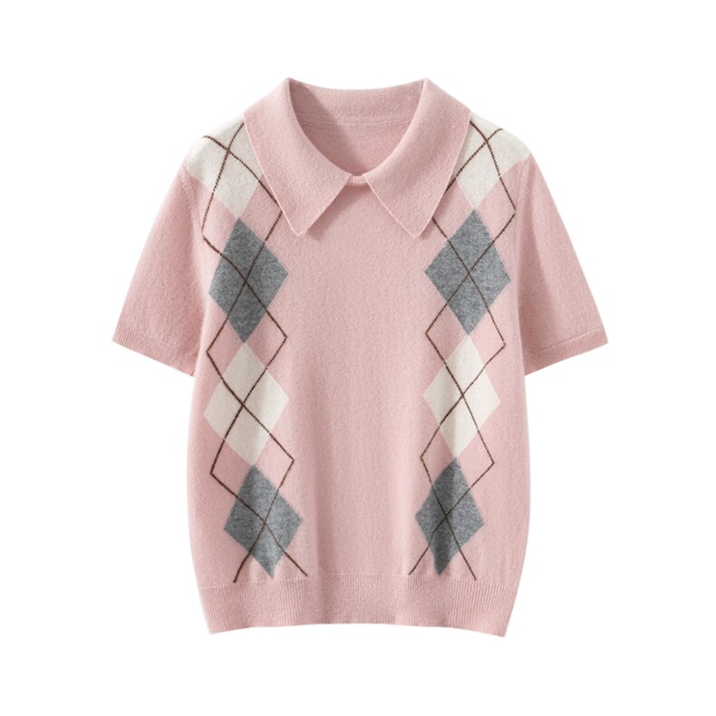 2025年秋季时尚百搭通勤简约菱形格短袖，女装羊绒衫，戎叶云台