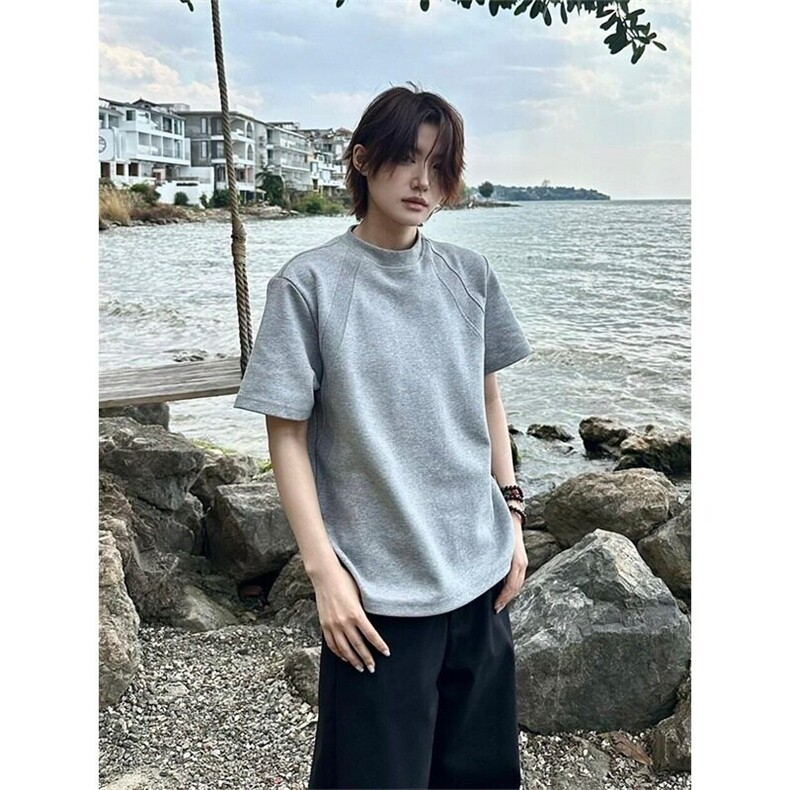 重磅硬挺拼接短袖T恤男款夏季潮牌显瘦设计感宽松情侣五分袖上衣,男装T恤,星座506A