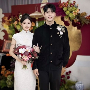 新中式男装白色垫肩西装男小众设计感高级西服风订婚男装外套图片