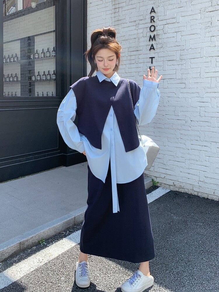松弛感卫衣套装裙女2025春季新款韩版学院风减龄衬衫半身裙三件套,女装套装/套裙,诺蝶