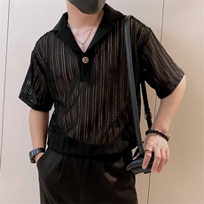 8951/P48控68夏季小伙痞帅镂空薄款V领透气t恤短袖男款上衣黑首2，男装T恤，星座305B