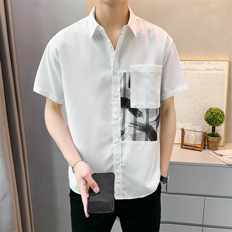 夏季轻熟店主小伙拼色宽松休闲短袖衬衫男衬衣A236-C05-P55-控88,男装T恤,电商A236