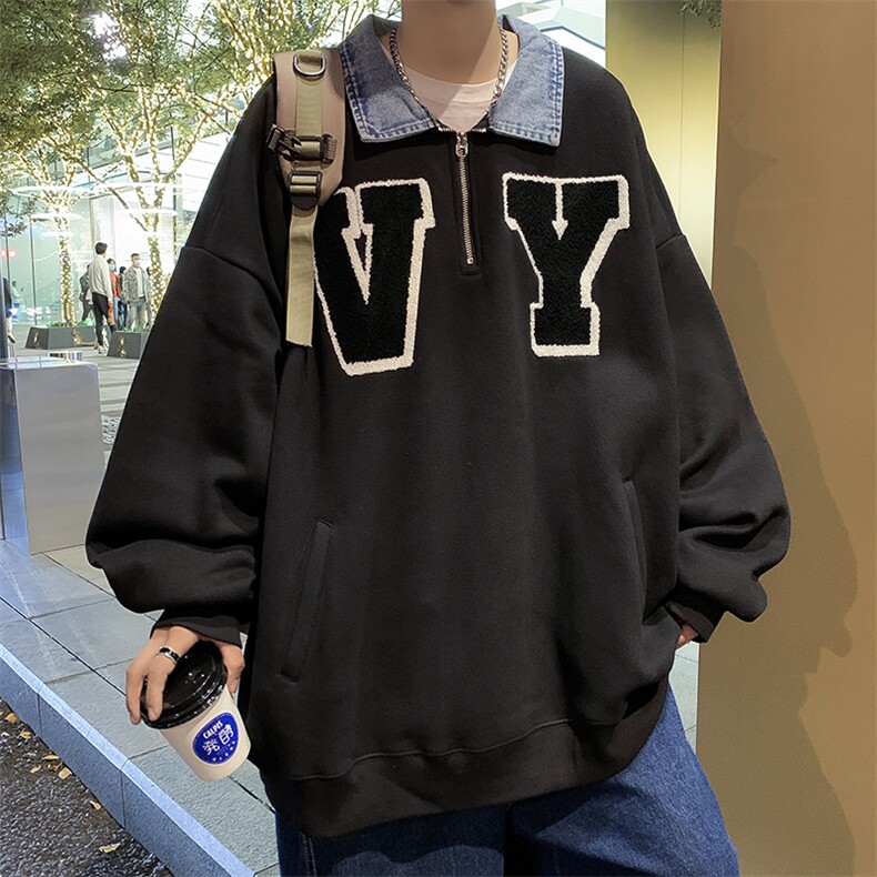 潮牌牛仔领半拉链卫衣男chic痞帅百搭套头T恤polo衫WY0768-P40,男装卫衣,星座308B-1
