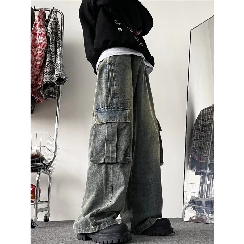 工装牛仔裤男款春秋式复古水洗阔腿裤子多口袋宽松直筒休闲长裤潮,男装牛仔裤,星座601-2