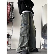 工装牛仔裤男款春秋式复古水洗阔腿裤子多口袋宽松直筒休闲长裤潮，男装牛仔裤，星座601-2
