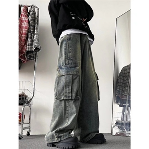 工装牛仔裤男款春秋式复古水洗阔腿裤子多口袋宽松直筒休闲长裤潮图片