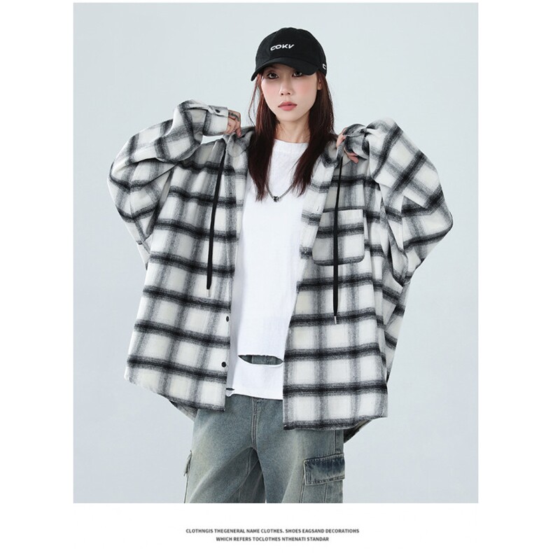 港味格子连帽衬衫外套男女秋季2025年新宽松慵懒风中长款休闲上衣,男装衬衫,星座1210-1