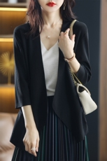 22春夏薄款冰丝针织开衫女宽松七分袖休闲无扣大码黑色针织小外套，女装针织衫/毛衣，总能电商供货