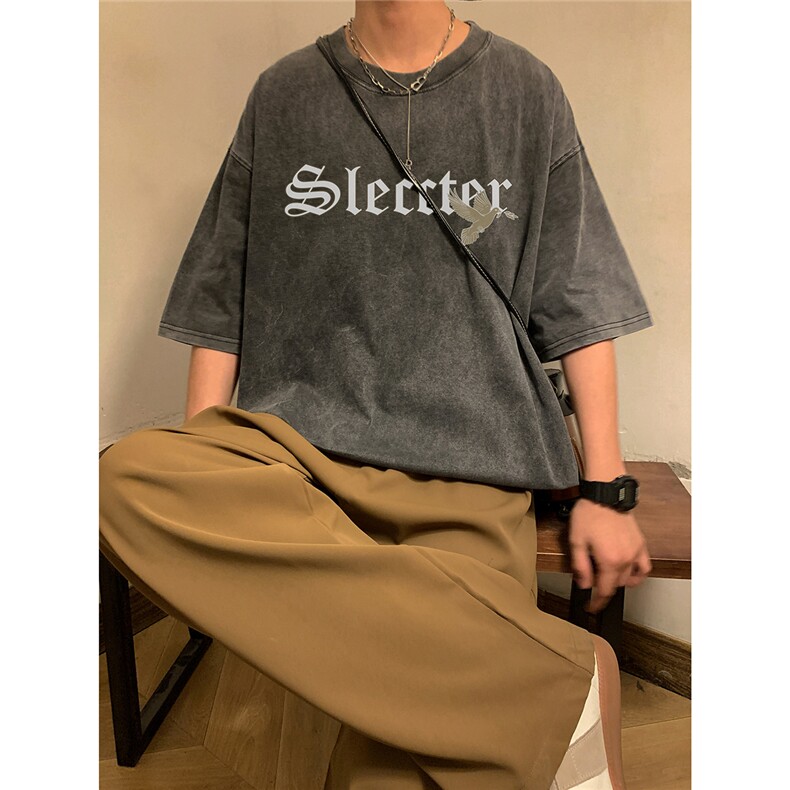 潮牌宽松水洗纯棉字母短袖上衣男背后印花半袖T恤D328-T380-P45,男装T恤,电商D328
