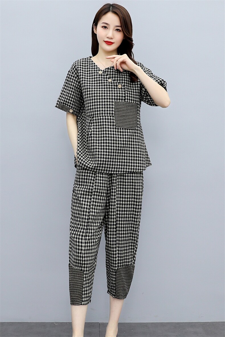 2022夏季新款时尚气质不对称领设计休闲格子两件套,女装套装/套裙,琦鑫阁（原依鑫阁）