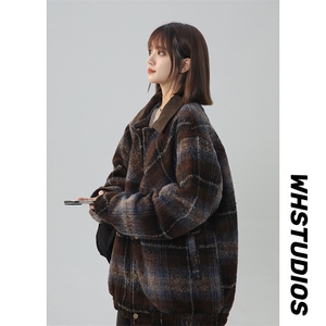 秋冬新款加厚格子翻领夹克PU拼接 225-610-P100 控158图片