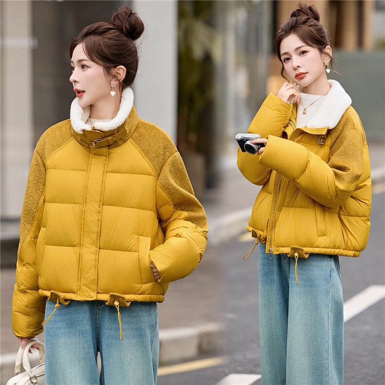 【现货现货】2025冬季新款黄色羽绒服短款加厚保暖羊羔毛拼接外套,女装羽绒服,一安秀