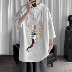 LD54161-P45 连帽短袖t恤男大码胖子带帽五分袖中袖图片