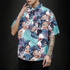 2021夏季新日系大码男马切达沙滩情侣休闲短袖印花衬衫C3015-P35，男装衬衫，电商A001